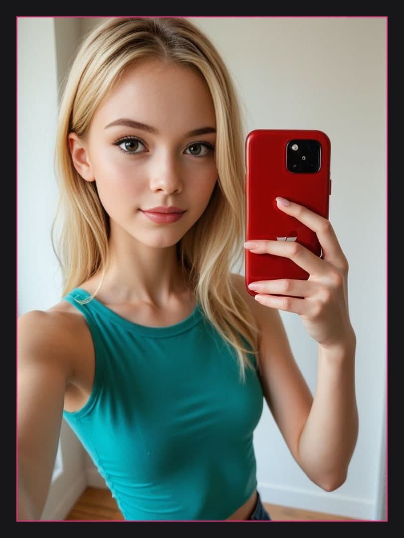 Slim blonde body in teal tank selfie