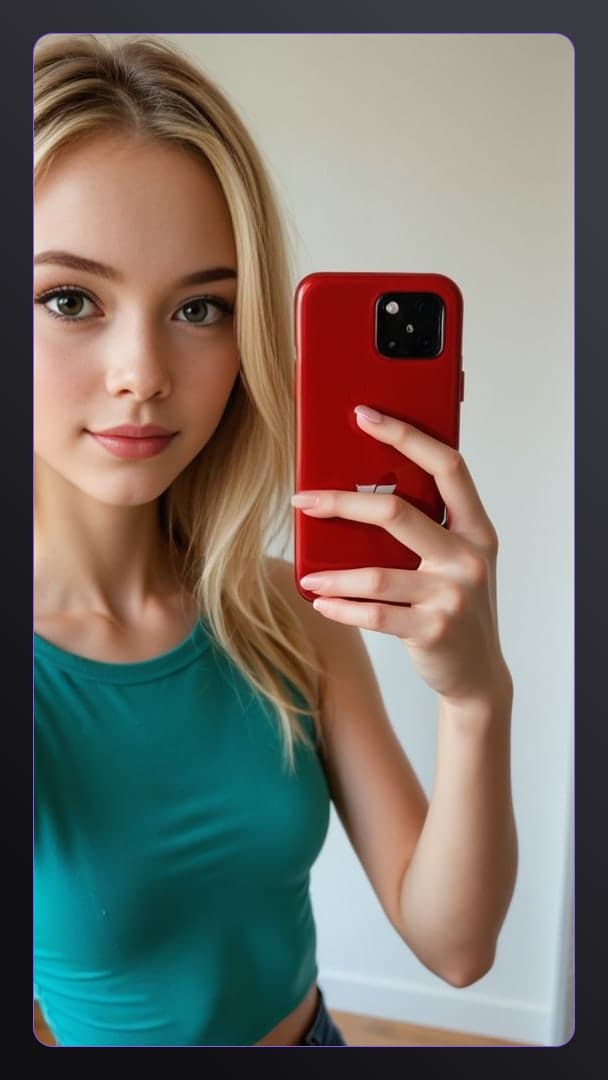 Blonde selfie in teal tank top