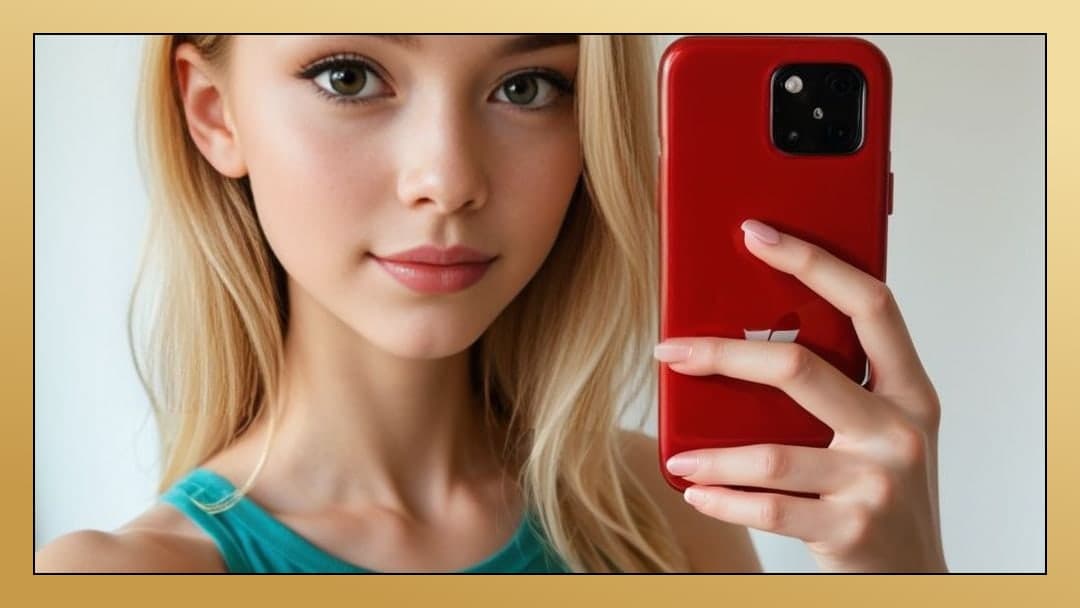 Blonde selfie in teal tank top