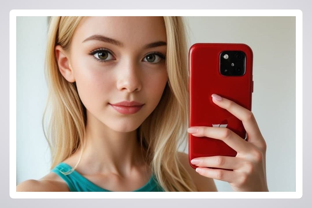 Slim blonde cleavage selfie in teal