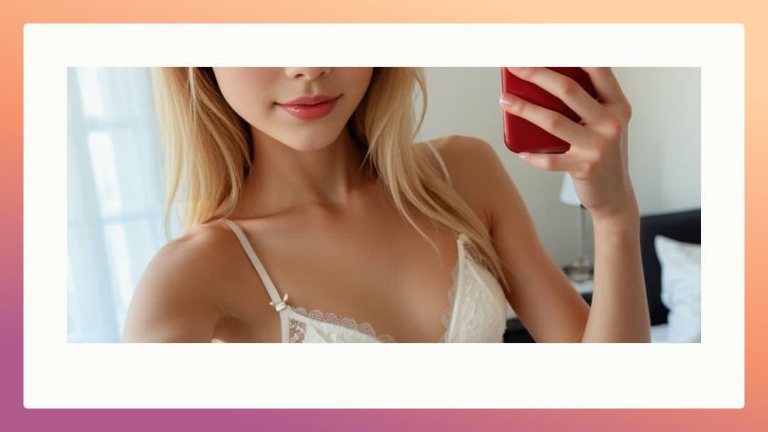 Bedroom low angle cleavage selfie