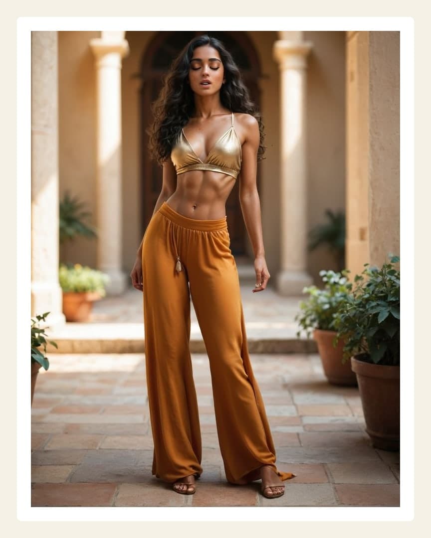 Gold bikini in stone courtyard