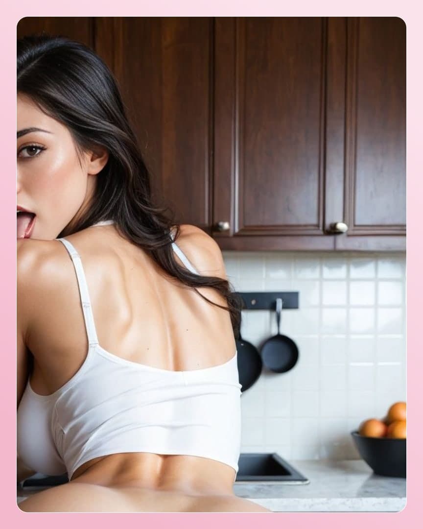 Tongue out kitchen counter pose