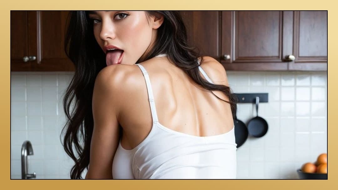 Tongue out over shoulder in kitchen