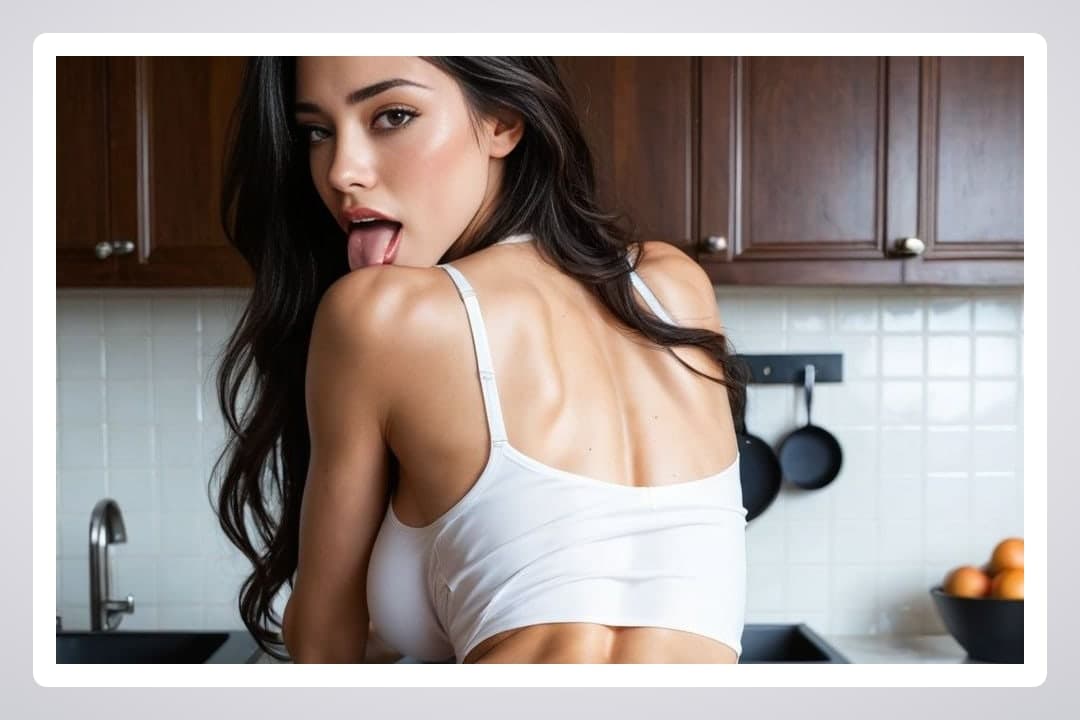 Young adult tongue out in kitchen