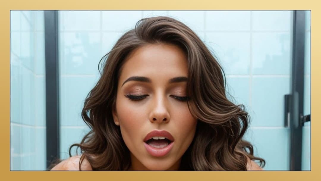 Tongue out topless bathroom POV