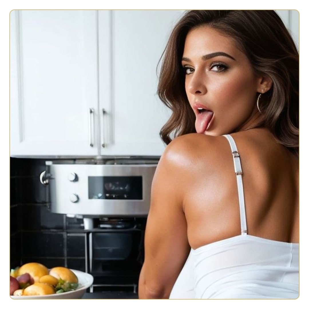 Curvy brown hair tongue out kitchen