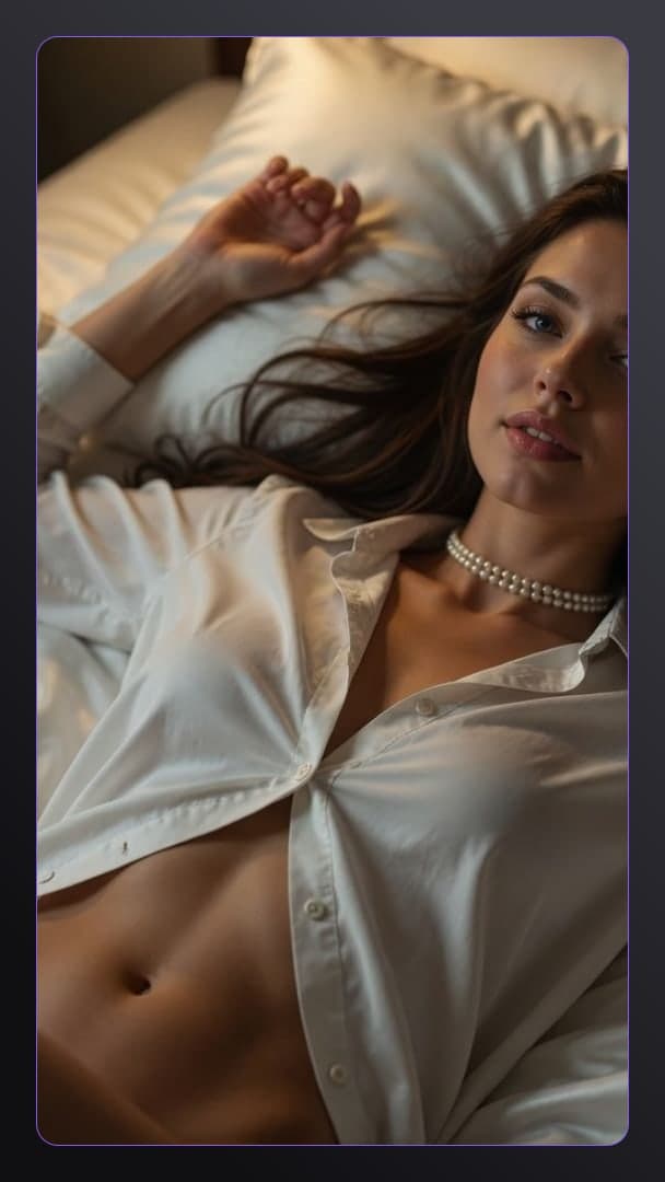 Curvy brunette topless in bed