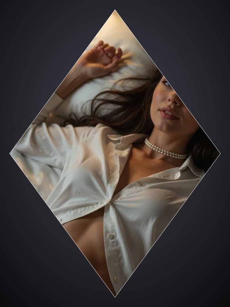 Curvy brunette open shirt on bed