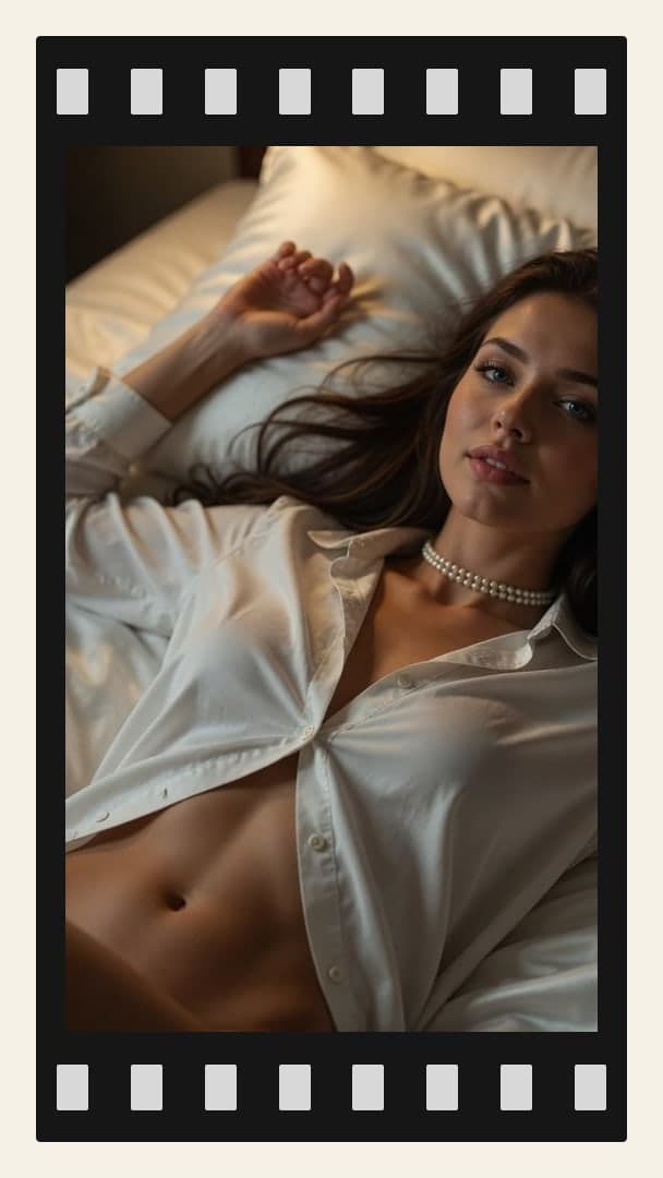 Brunette in open shirt on bed