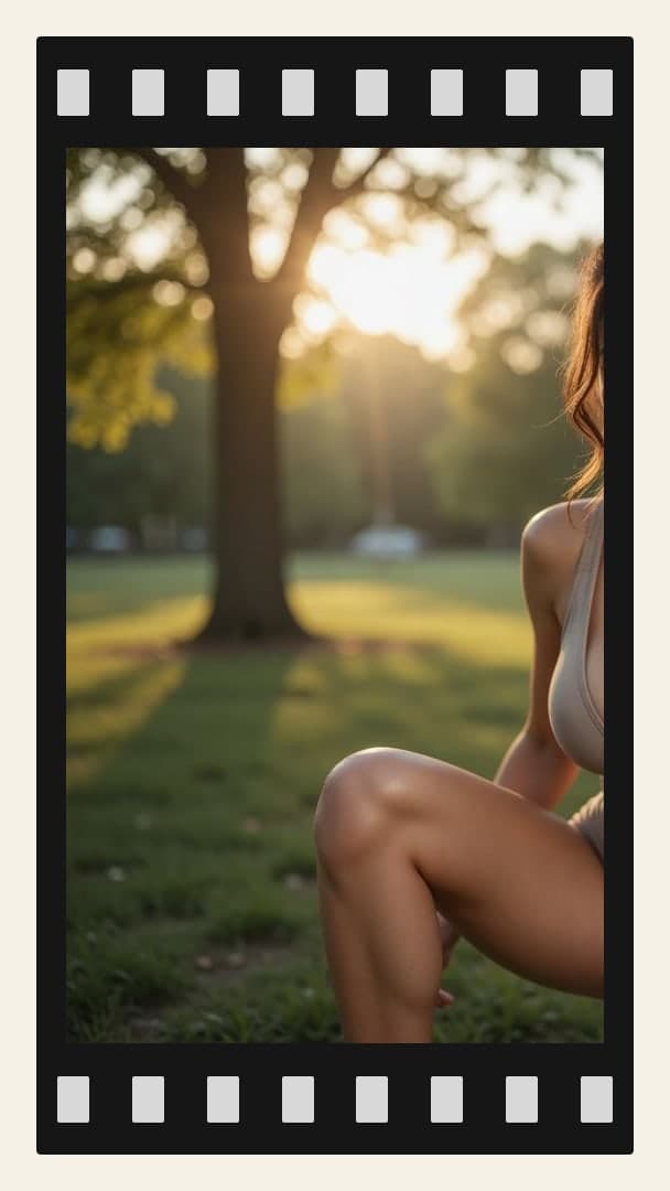 Brunette squats on grass at sunset