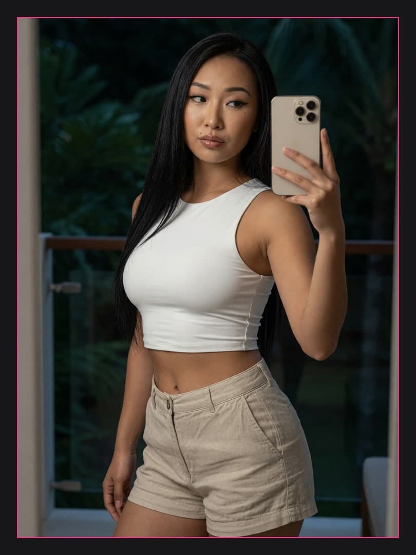 Asian balcony crop top selfie