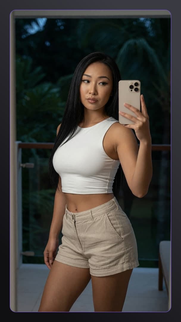 Asian selfie in crop top indoors
