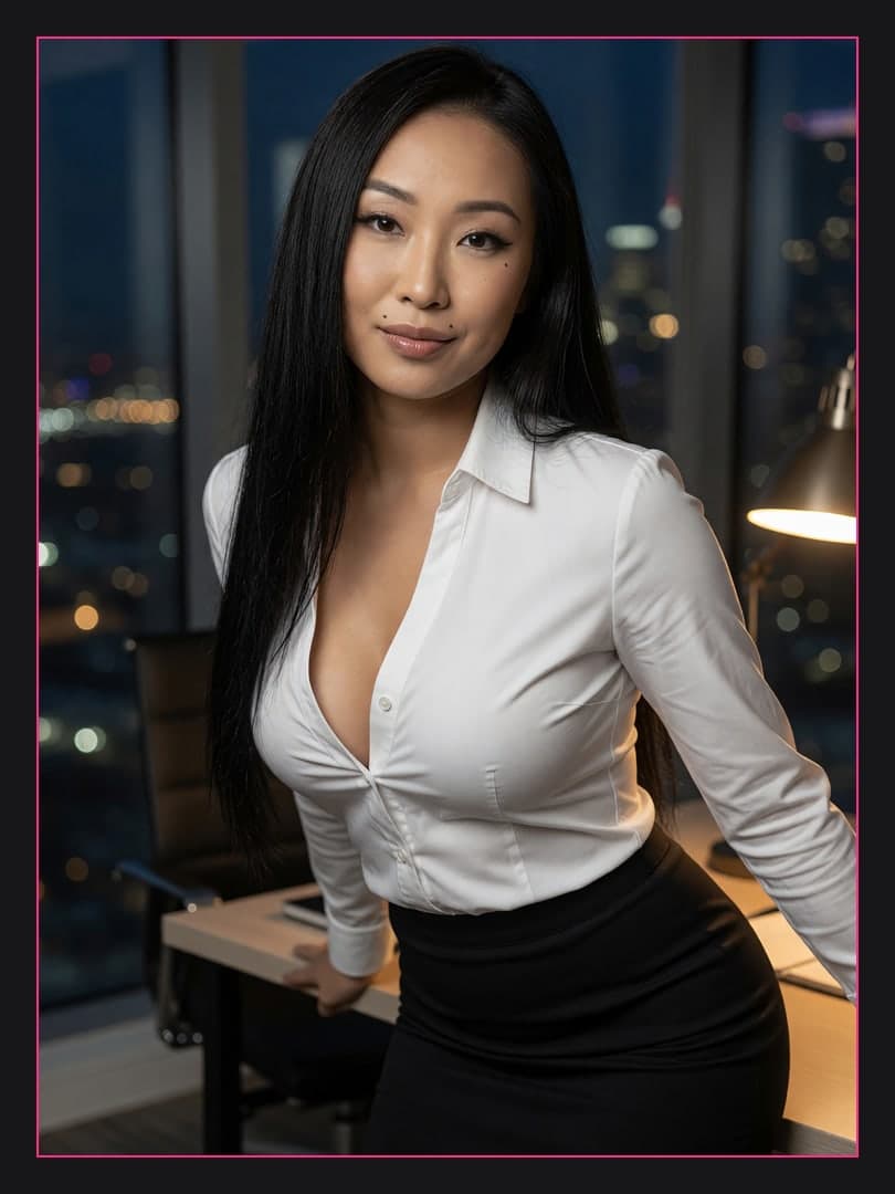 Curvy Asian leans over office desk