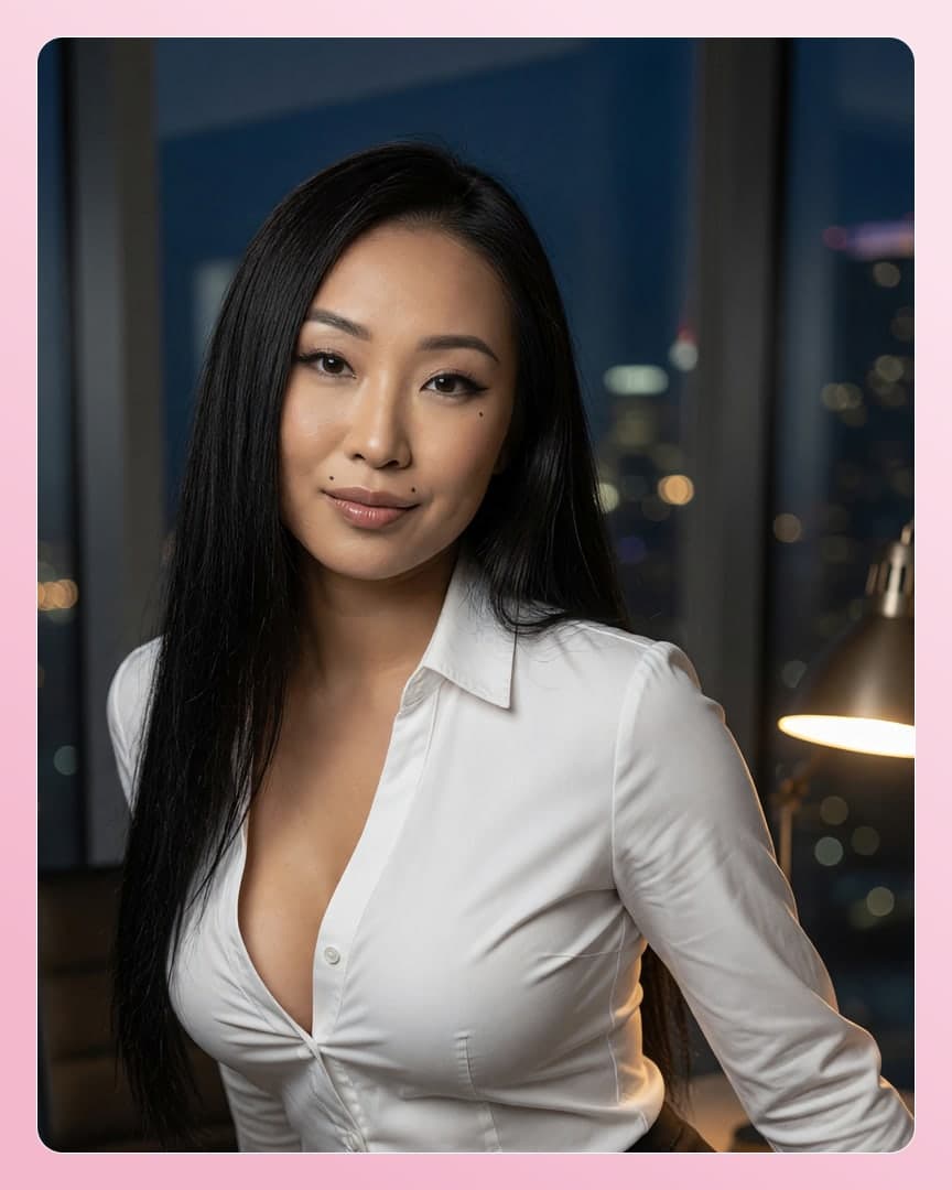 Curvy Asian cleavage in white shirt