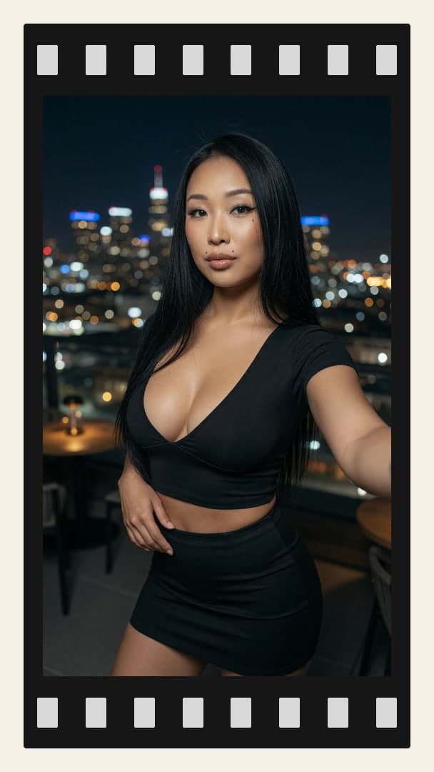 Curvy Asian balcony cleavage selfie