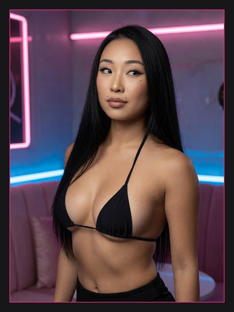 Asian bikini pose in neon lounge
