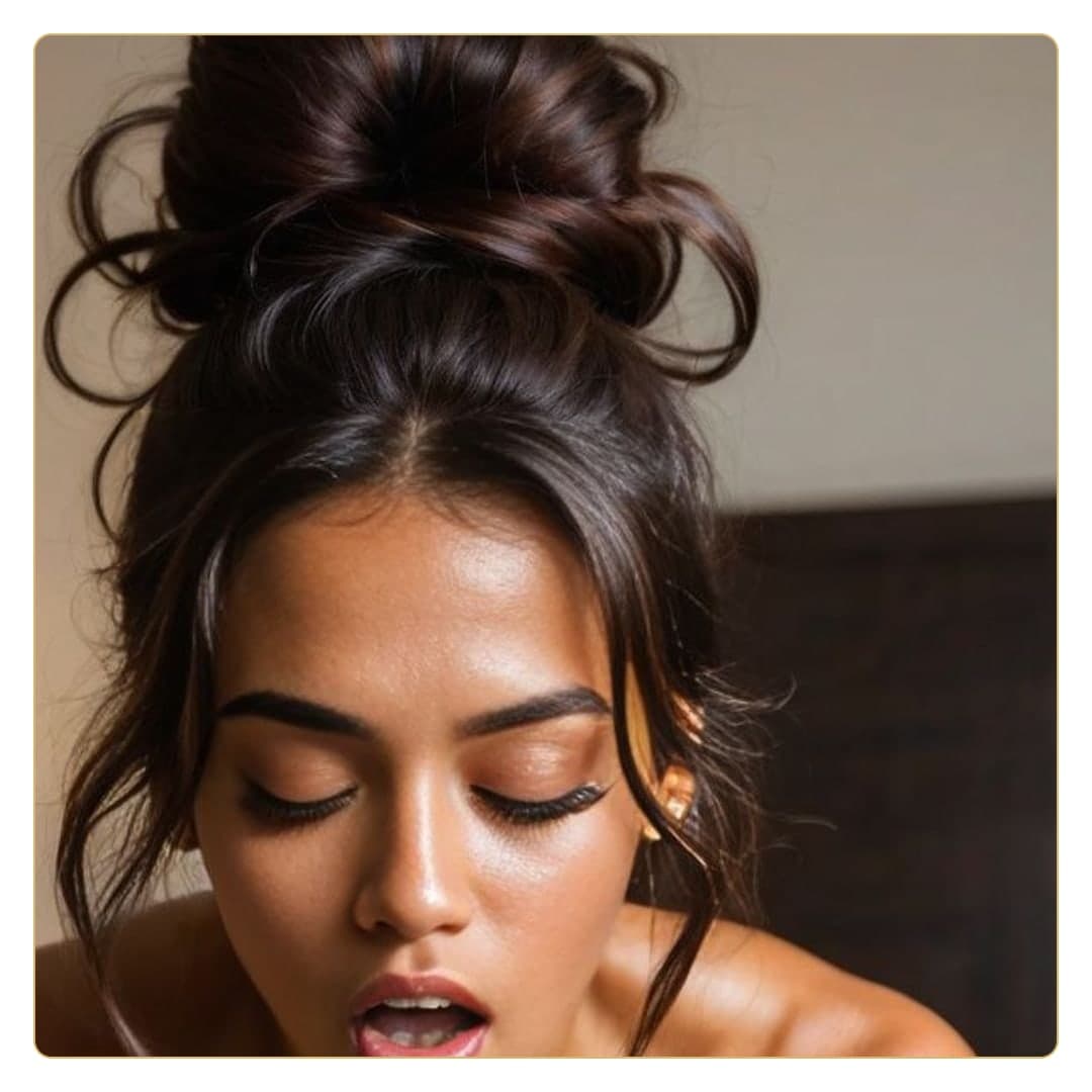 Brunette messy bun close-up topless