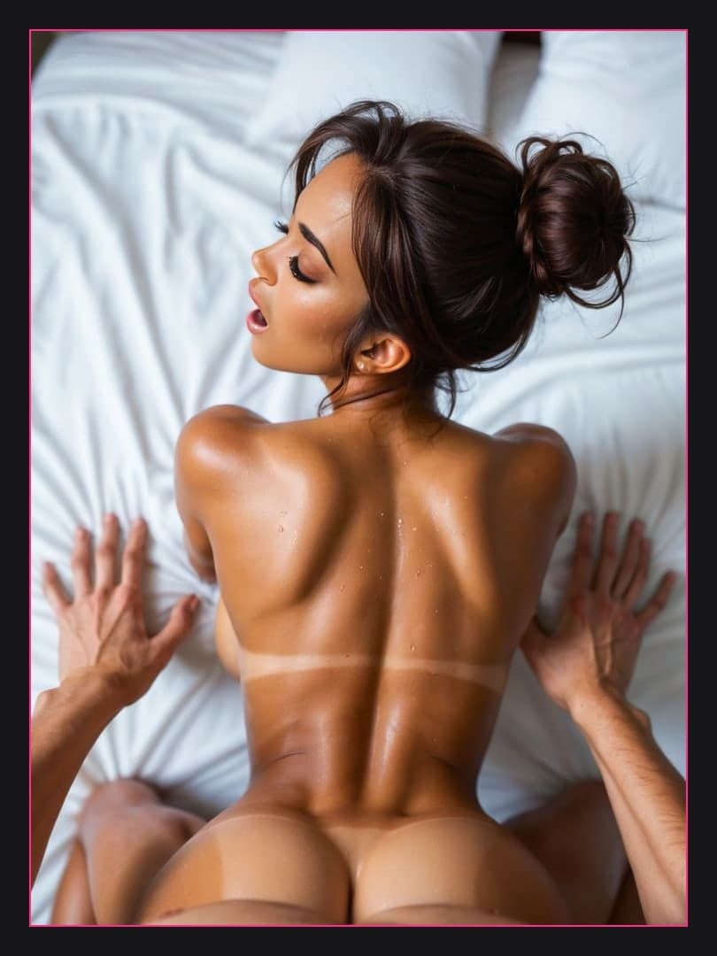 Nude brunette on all fours in bedroom