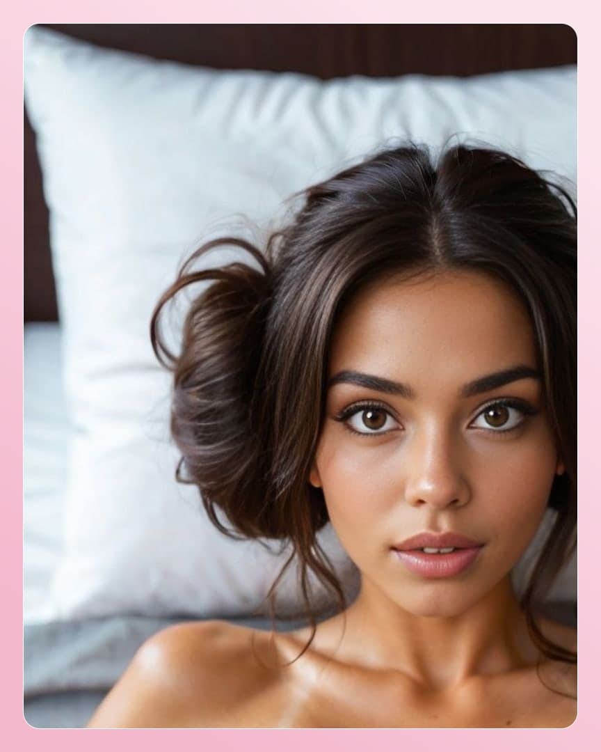 Topless brunette selfie in bed