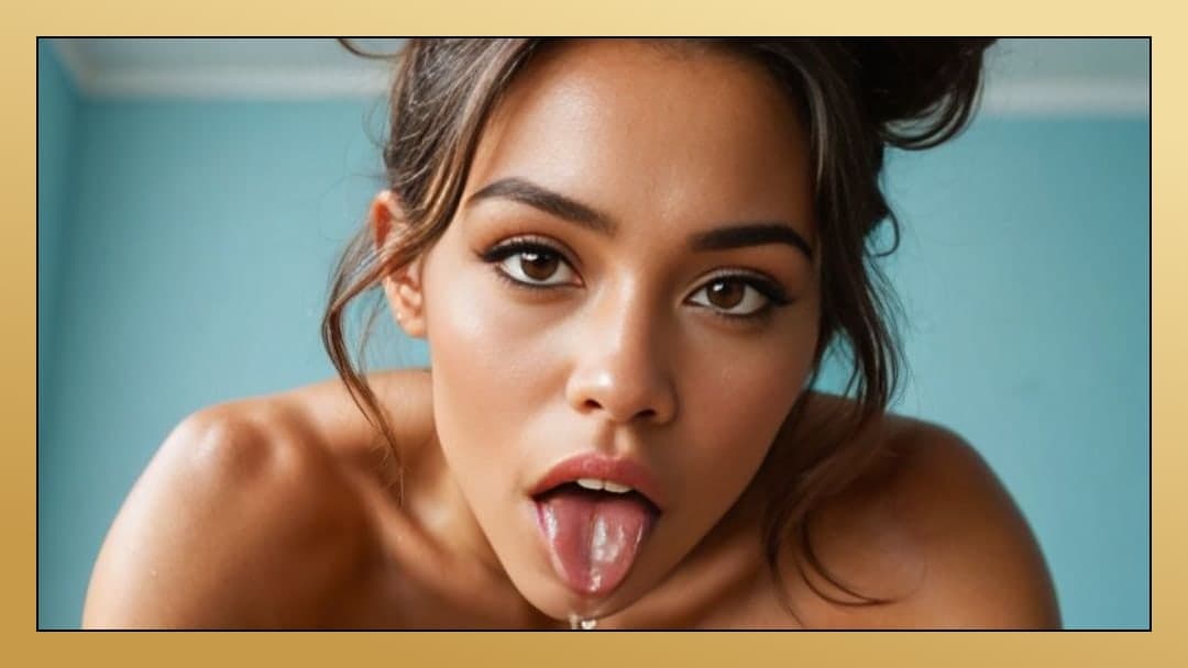 Brunette messy bun tongue out closeup