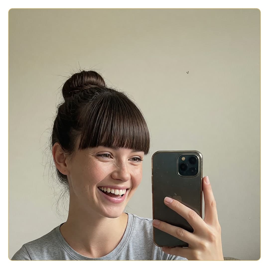 Brunette messy bun selfie close-up