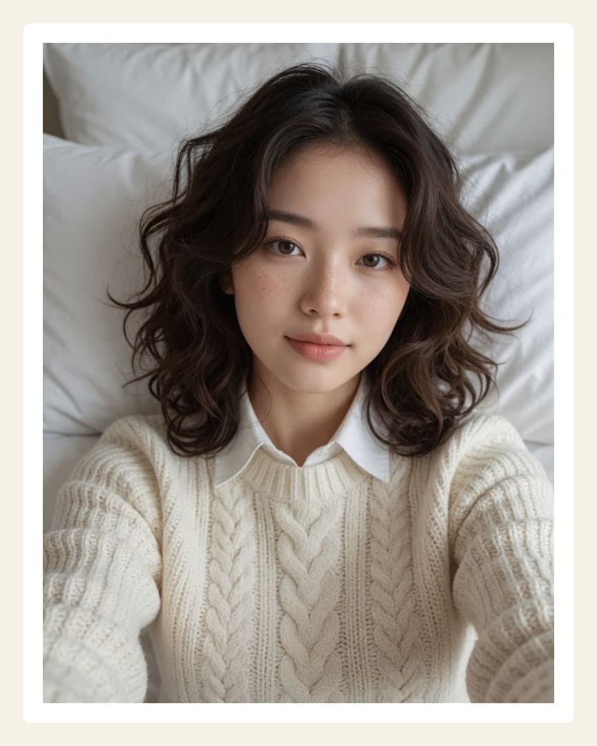 Slim brunette sweater selfie on bed