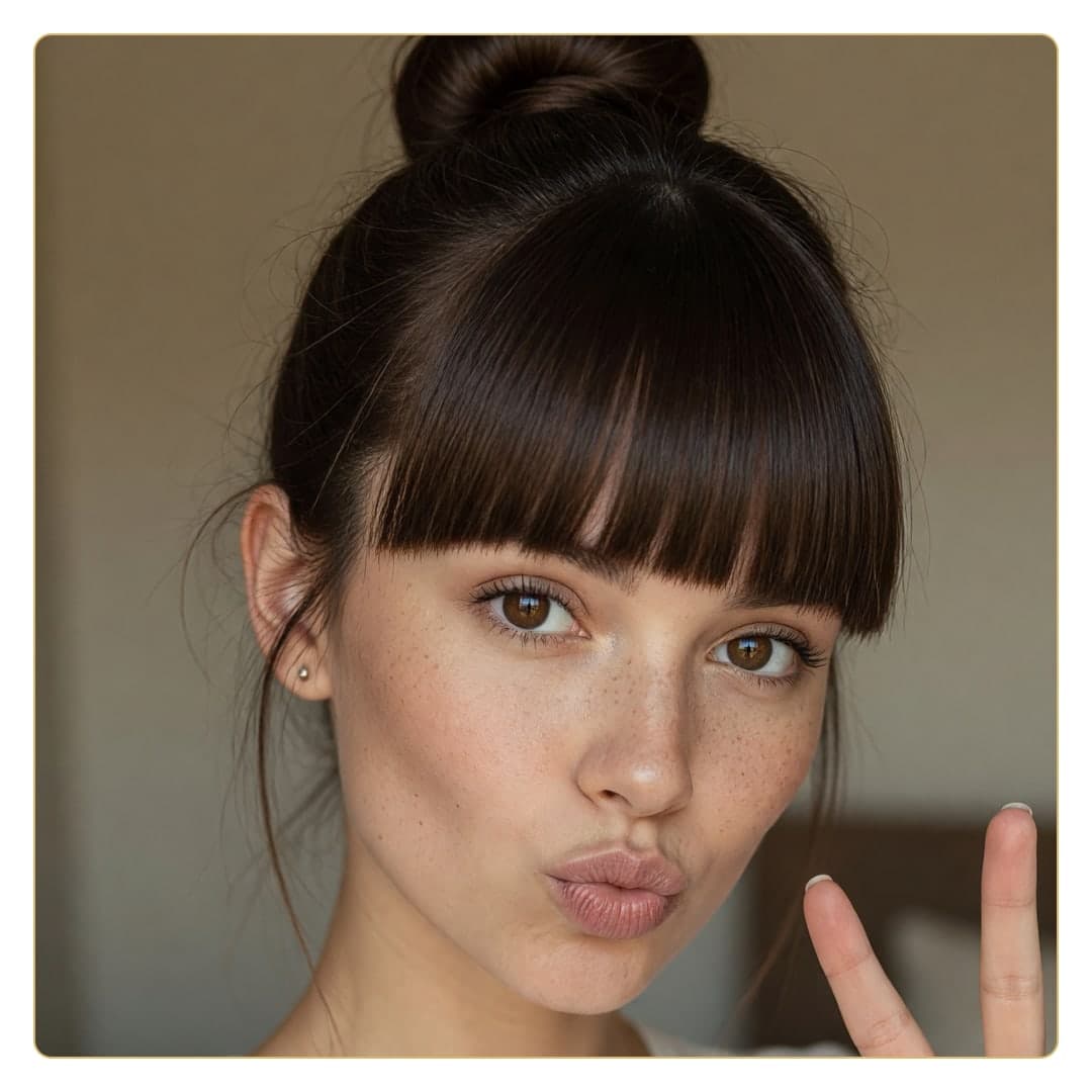 Brunette peace sign topless close-up