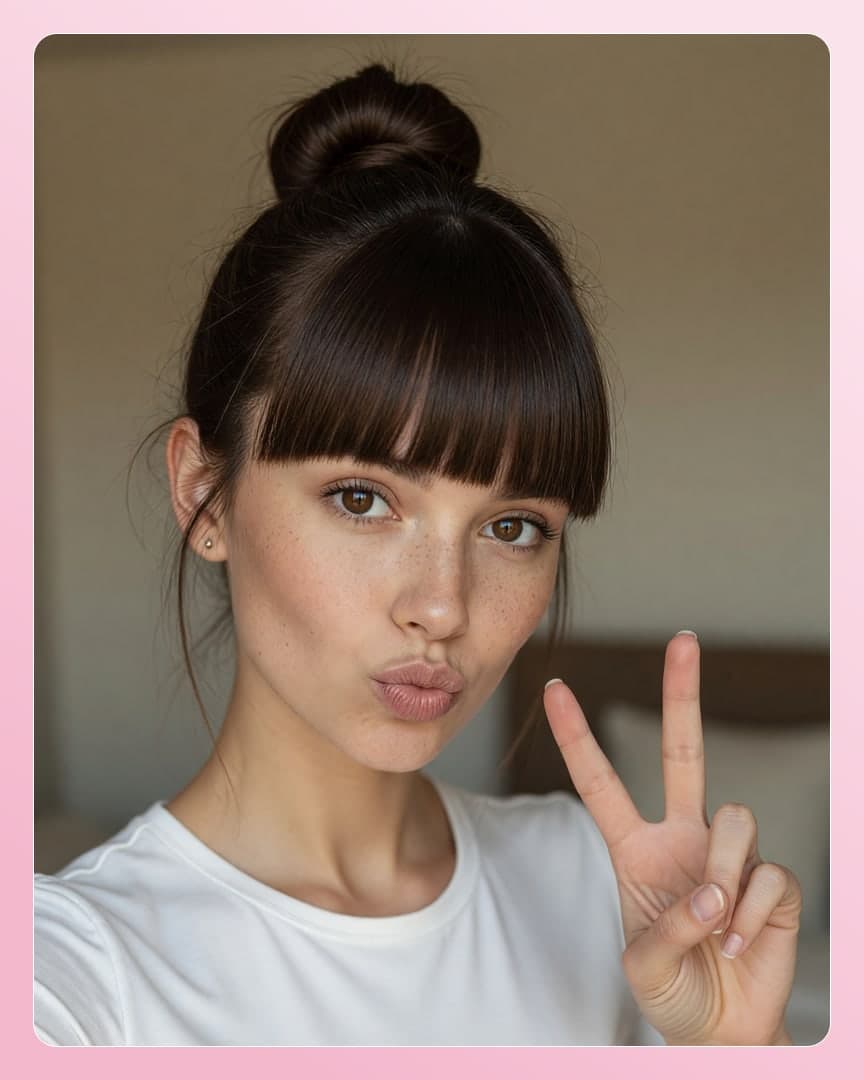 Brunette duck face peace sign selfie