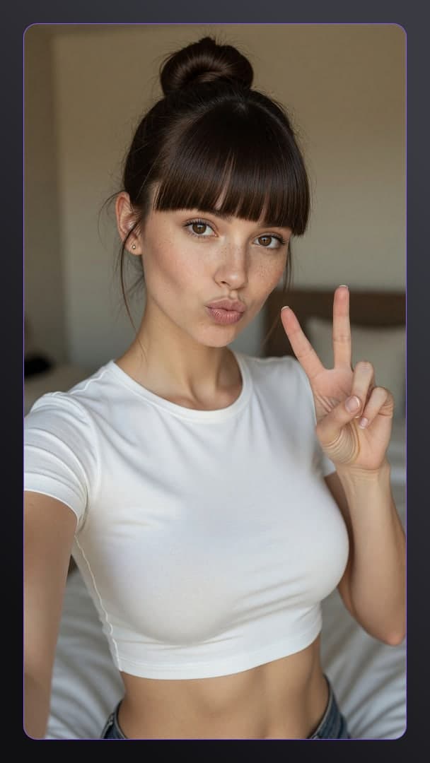 Brunette selfie peace sign bedroom