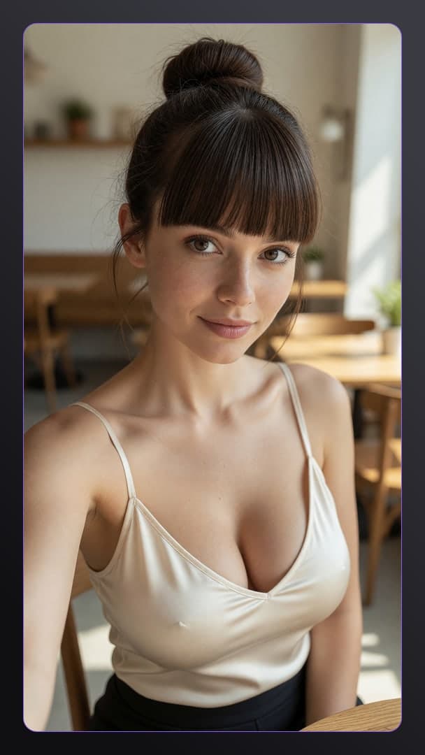 Beige satin cafe cleavage selfie