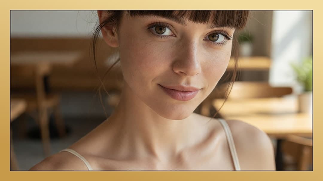 Brunette soft smile indoor close-up