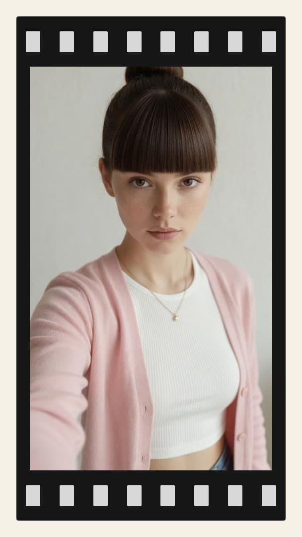 Pink cardigan selfie with cleavage