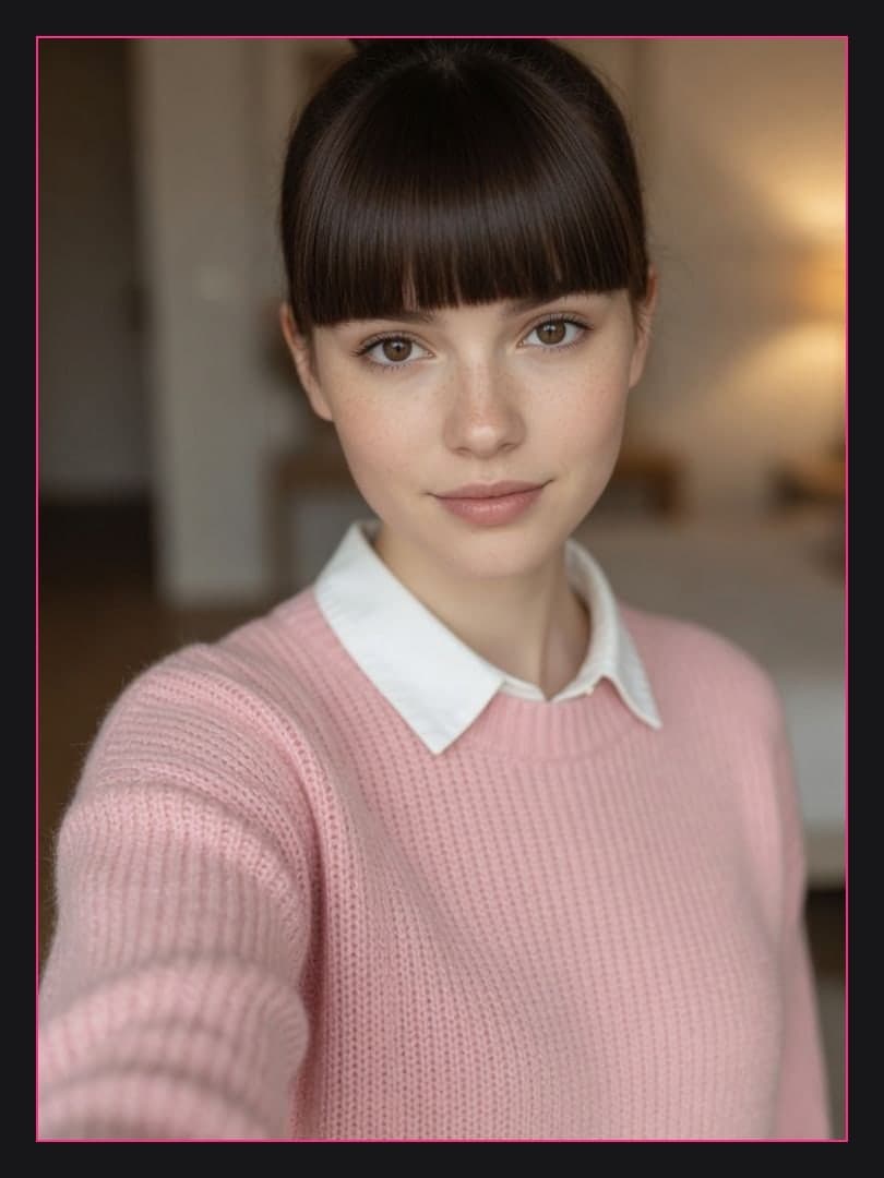 Brunette ponytail bedroom selfie