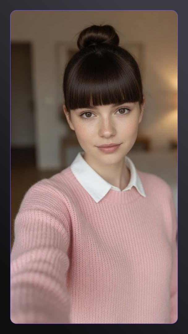 Early 20s pink sweater selfie