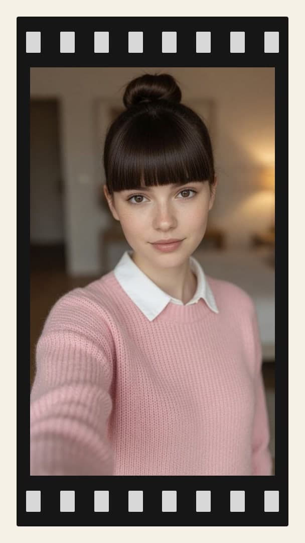 Brunette selfie in pink sweater