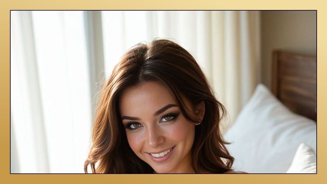 Smiling selfie on white bed