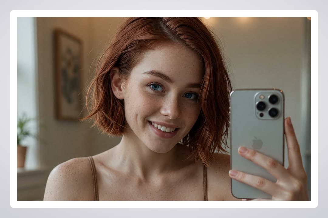 College redhead selfie in beige straps