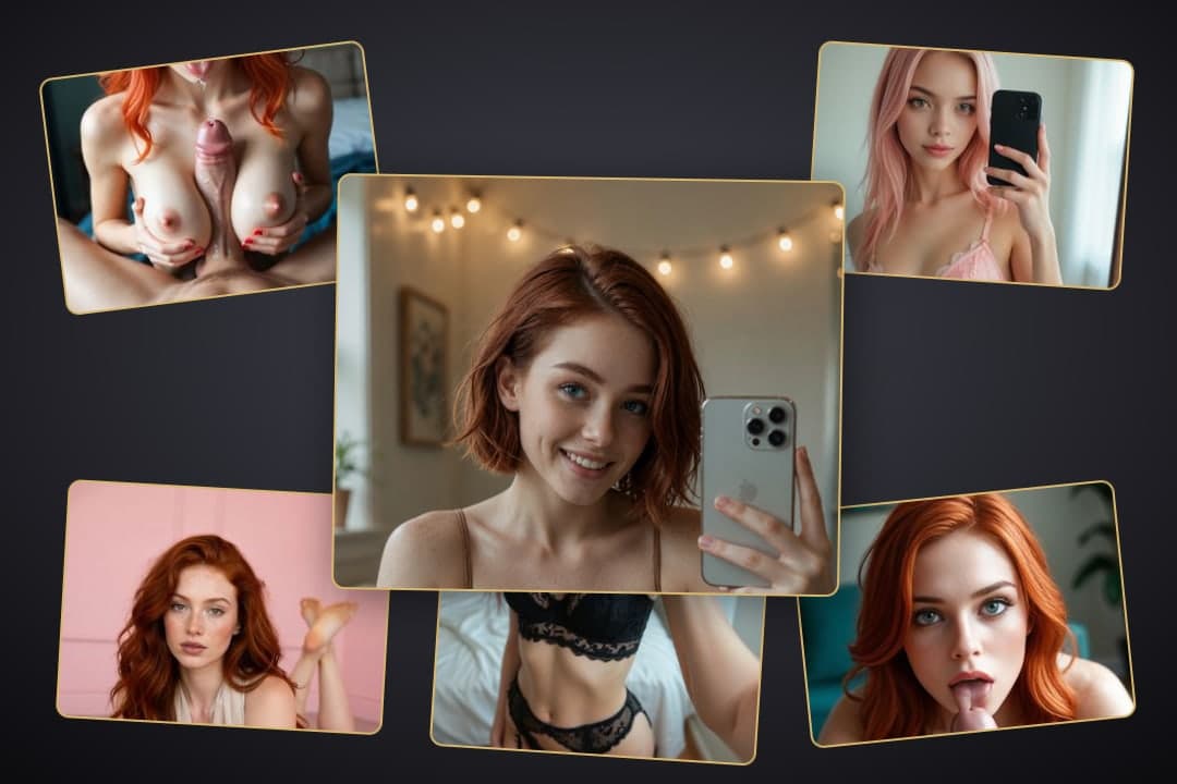 Redhead selfie in black lace bra