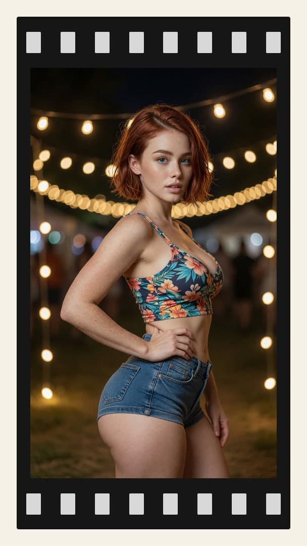 Redhead three-quarter pose night lights