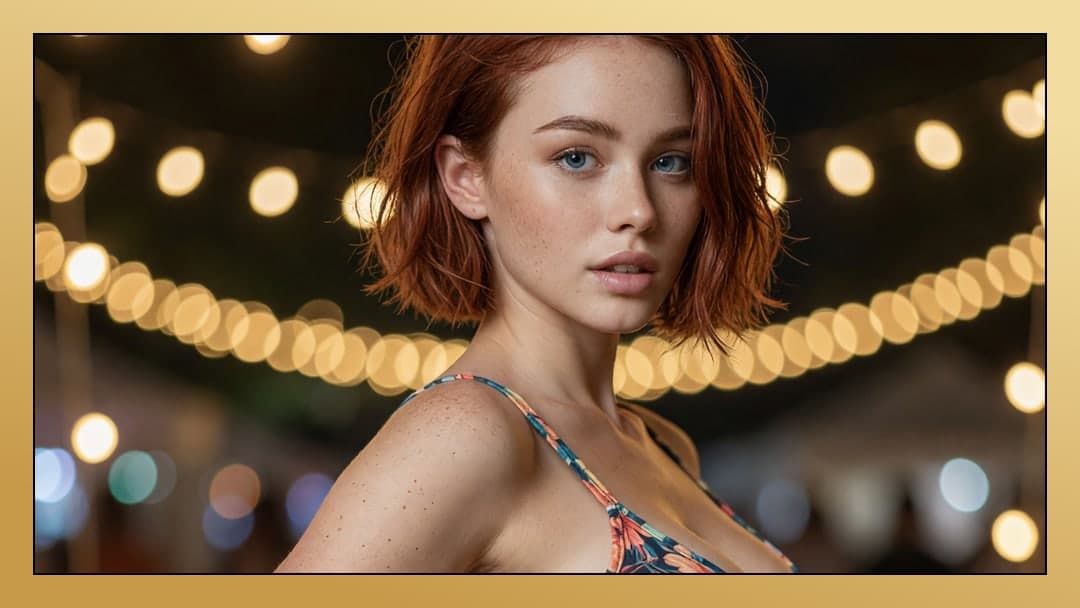 Slim redhead in floral bikini outdoors
