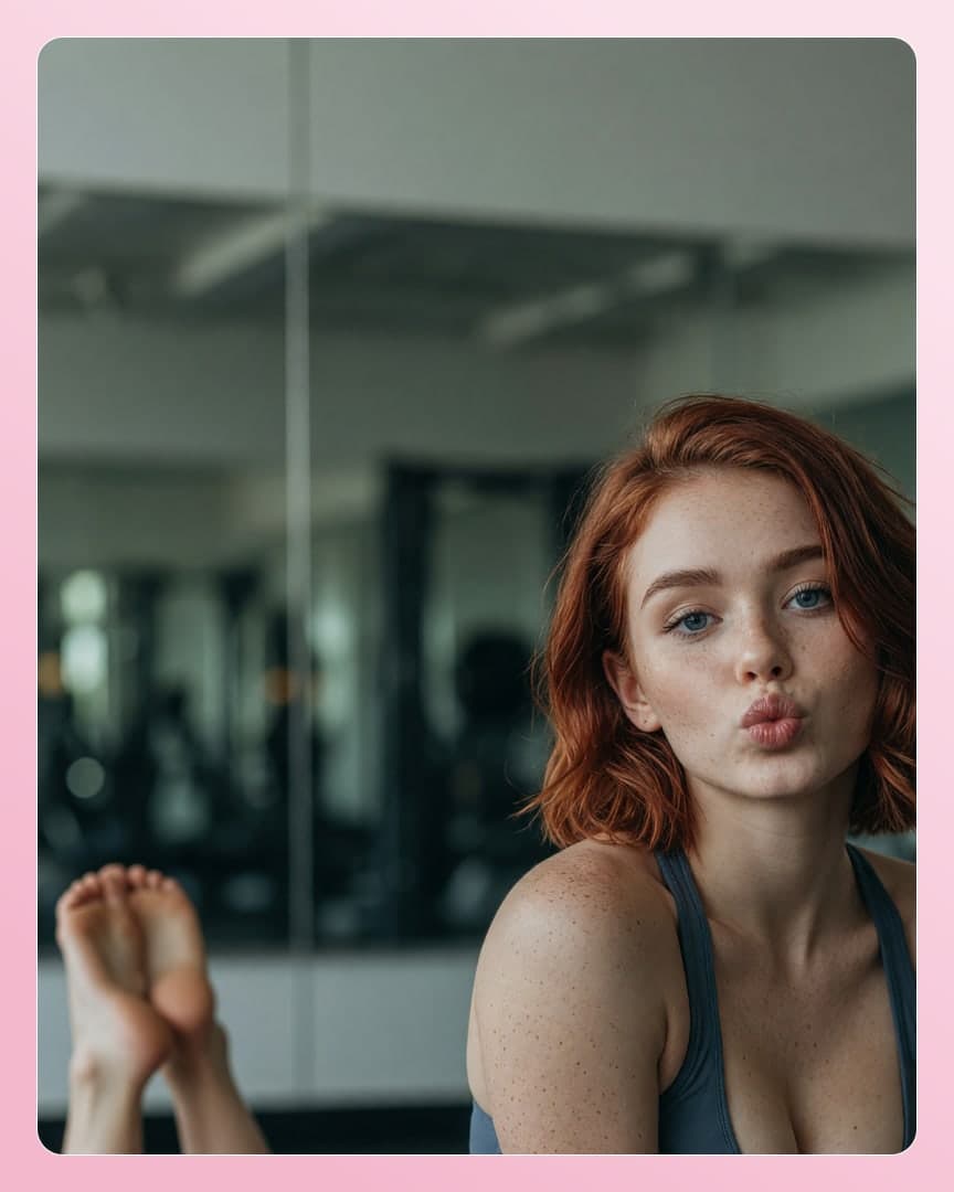 Slim redhead cleavage gym selfie