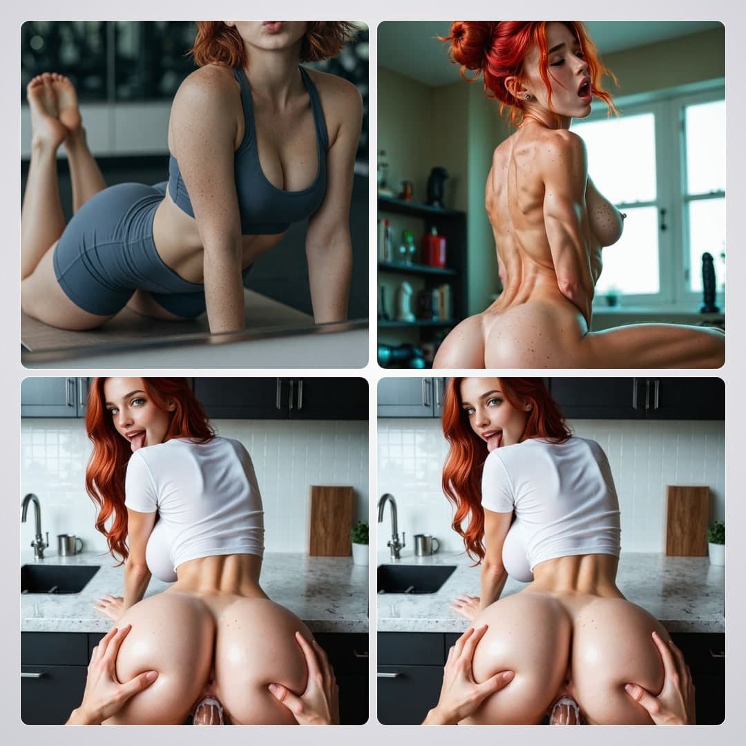 College redhead bent over kitchen counter