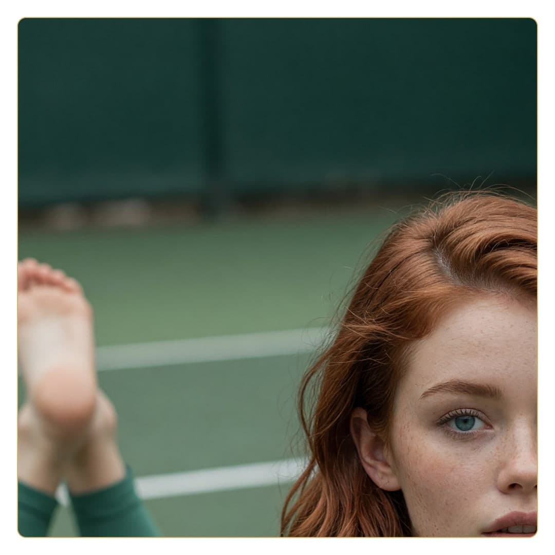 Redhead topless on tennis court