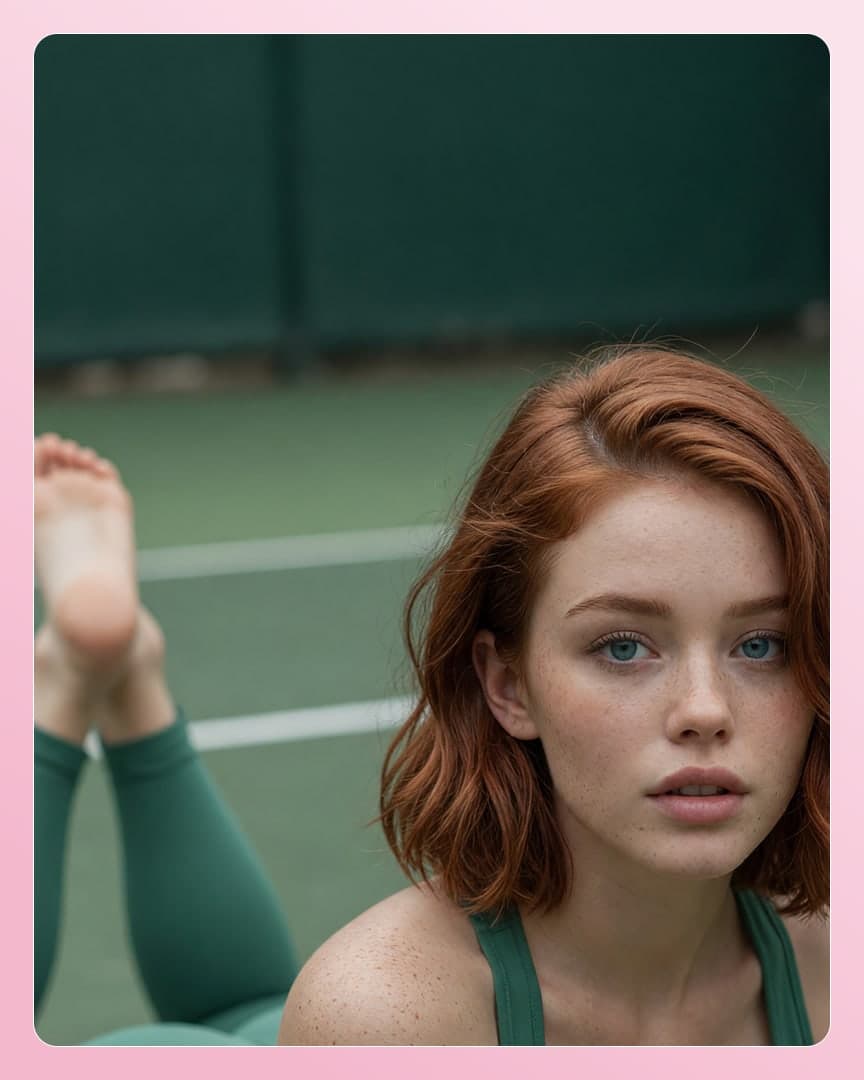 Redhead feet up tennis court selfie
