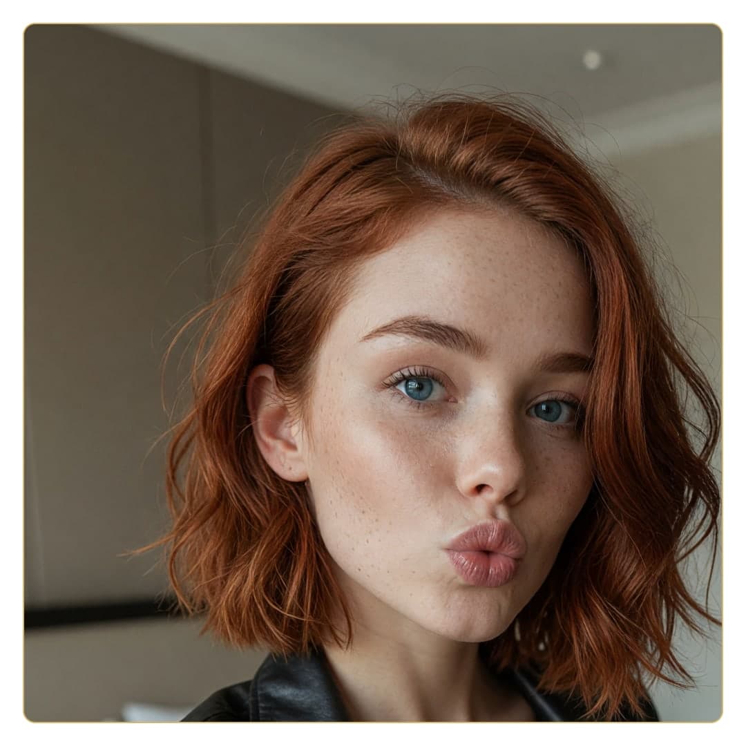 Redhead slim body close-up selfie