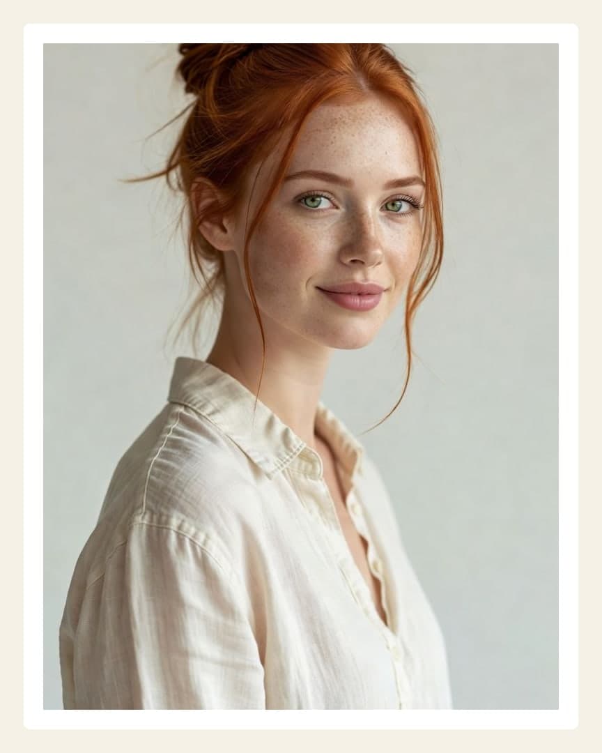 Over shoulder redhead linen shirt