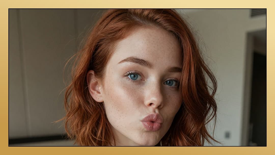 Slim redhead topless selfie close-up