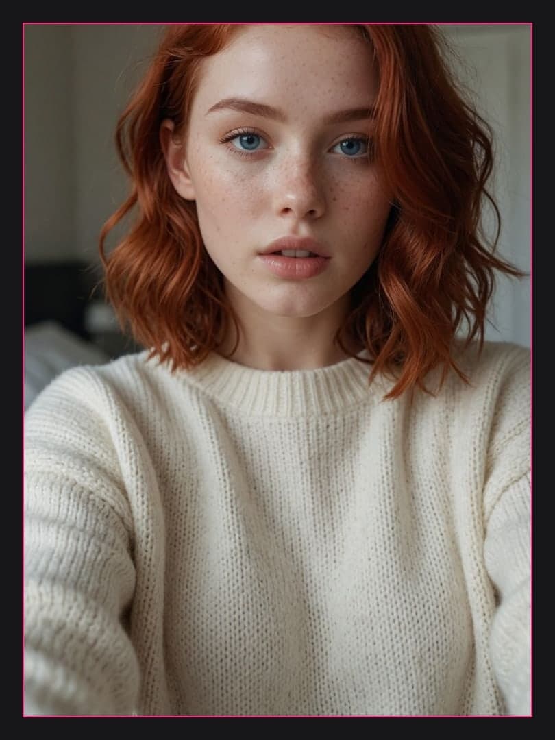 Redhead in oversized sweater bedroom
