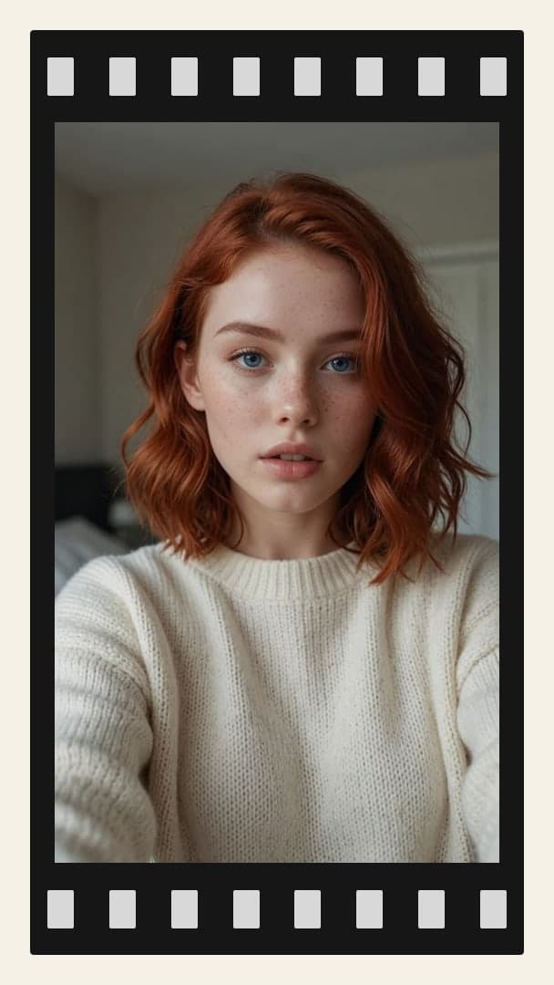 Redhead wavy hair selfie sweater